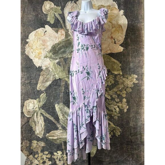 New CINQ À SEPT  Kersti Floral Print Asymmetric Silk Dress Purple Lilac Size 4 - Picture 5 of 8